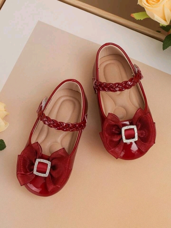 New Baby Size 1 | Cute Crystal Bowknot Solid Color Patent Leather Non-Slip Toddler Dress Shoes (For Approx Ages 12-18 months, Soles 5" Long)