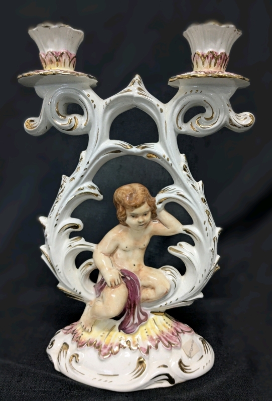 Signed Vintage Keramos R. Capodimonte Porcelain Candlestick Holder Candelabra &bull; 40M Italy | 12" Tall