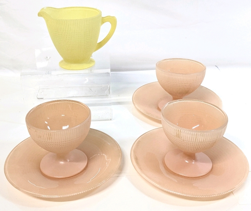 Vintage Dominion Depression Glass Saguenay Pink Dessert Cups & Saucers + Yellow Creamer | Saucers 5.8" Diameter