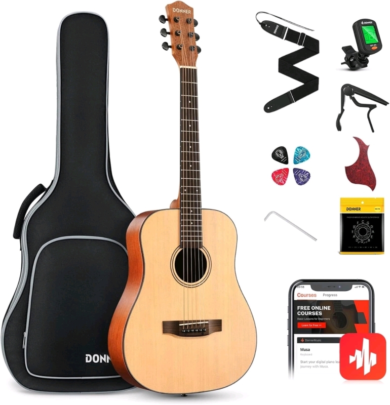 New Donner Acoustic Guitar Complete Beginner's Set, Including 3/4 36" Scale DAG-1M Model Right Handed Acoustic Guitar, Strap, Tuner, Capo & Picks, Extra Set of Acoustic Strings (011 - 050 Gauge), Microfiber Cloth, Pick Guard, Truss Rod & Shoulder Strap Gi