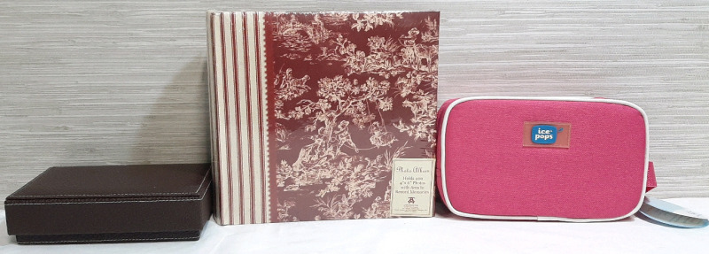 Lot of Indoor Household Items, Including a Photo Album (Holds 200 Photos), Brown Laura Secord Box & Pink Ice Pop Bag