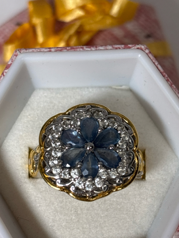 925 Sterling NHCA BY MICHAEL Blue Spinel Diamond Pave Ring Size 7