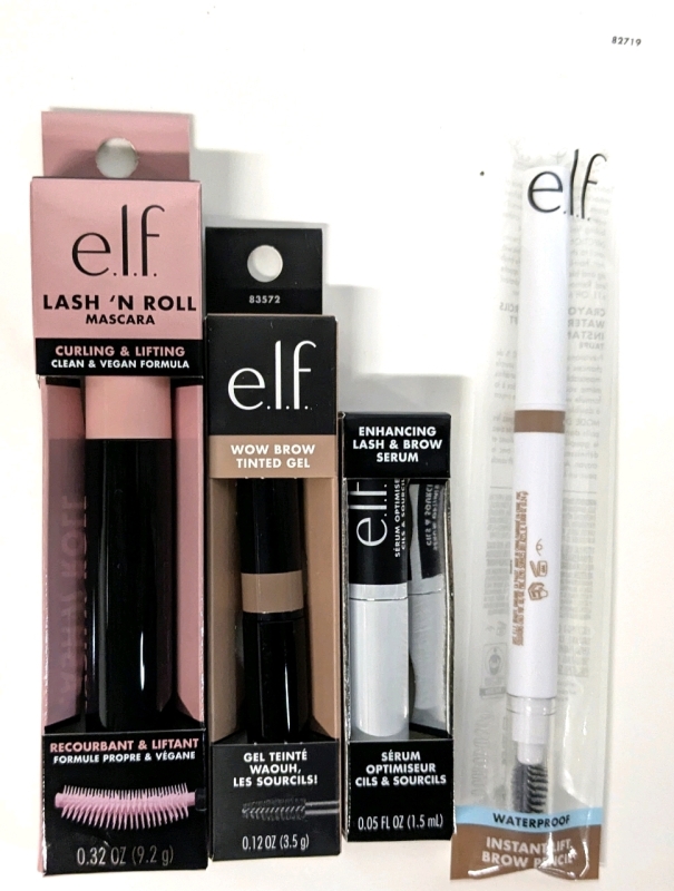 New E.L.F. | Lash 'N Roll Mascara (9.2g Black), Wow Brow Tinted Gel (3.5g Taupe), Enhancing Lash & Brow Serum (1.5ml Clear) & Instant Lift Brow Pencil (Taupe)
