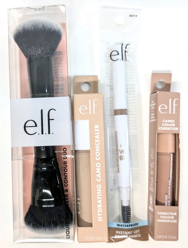 New E.L.F. | Liquid Bronzer & Contour Duo Brush, Hydrating Camo Concealer (Fair Beige, 6ml), Waterproof Instant Lift Brow Pencil (Taupe), Camo Color Corrector (Peach, 2.8ml)