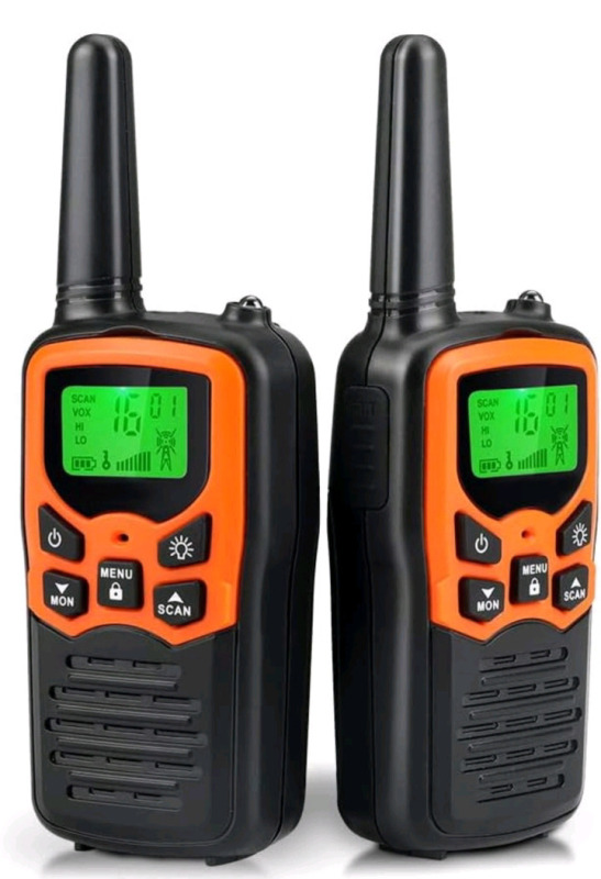 2 New | Long Range Walkie Talkies W/ 22 FRS Channels & LED Flashlight | Orange/Black