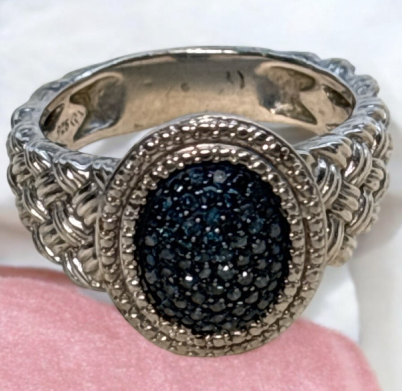 DIAMONDELLE 925 Sterling Silver Oval Teal Blue Diamondelle Wide Ring Size 7.5 Boxed
