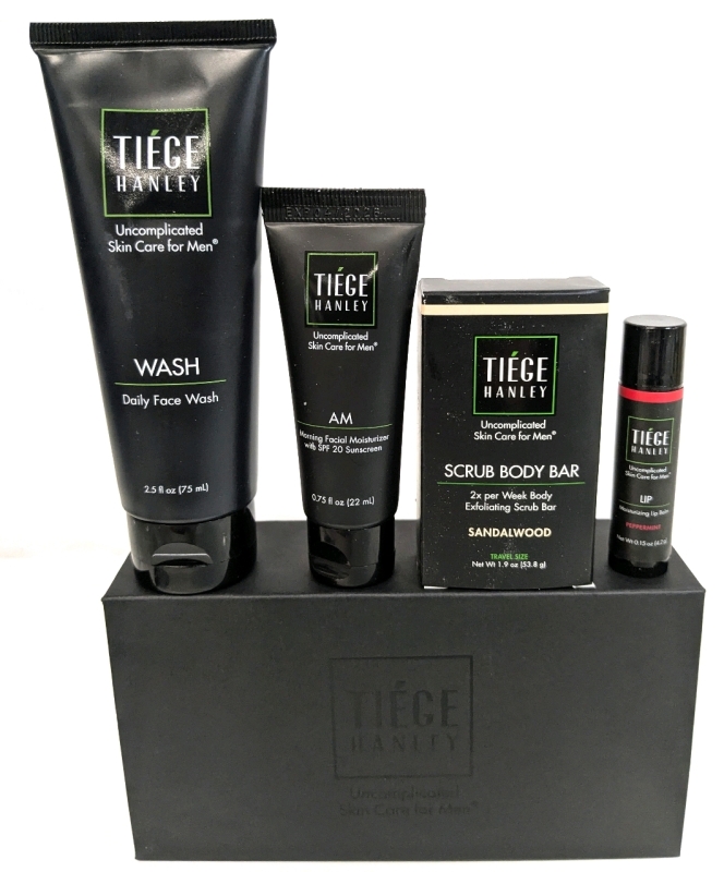 New Tiege Hanley Men's 4-Piece Skin Care Gift Set | Face Wash (75ml), Moisturizer w SFP (22ml), Lip Balm w SPF (4.2g) + Travel Size Lightly Exfoliating Bar Soap (53.8g)