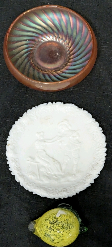 Antique Milk Glass THE SERENADE Unsigned Greentown McKee 6.5" Plate 1899, Iridescent Carnival Glass Bowl & Art Glass Lemon Paperweight