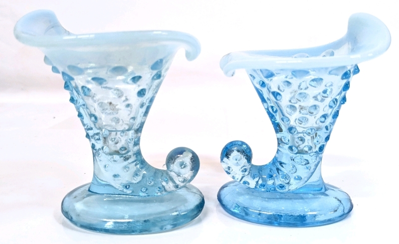 2 Vintage Baby Blue Hobnail Fenton Opalescent Edge Cornucopia / Shoe Candle Holders | 3.7" Tall ea