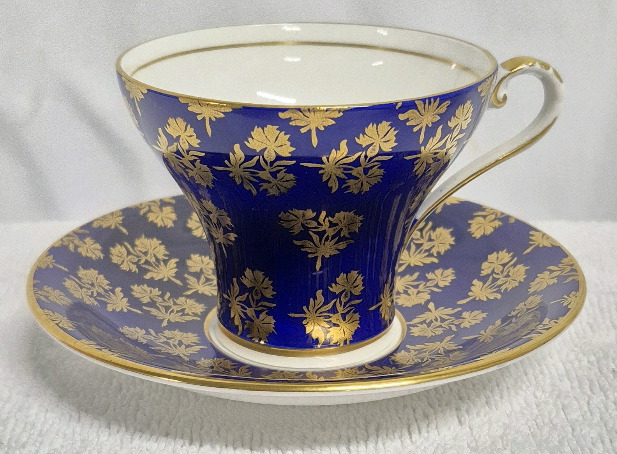 Rare Vintage Aynsley Corset Gold Leaf Cobalt Blue Teacup and Saucer - 9467
