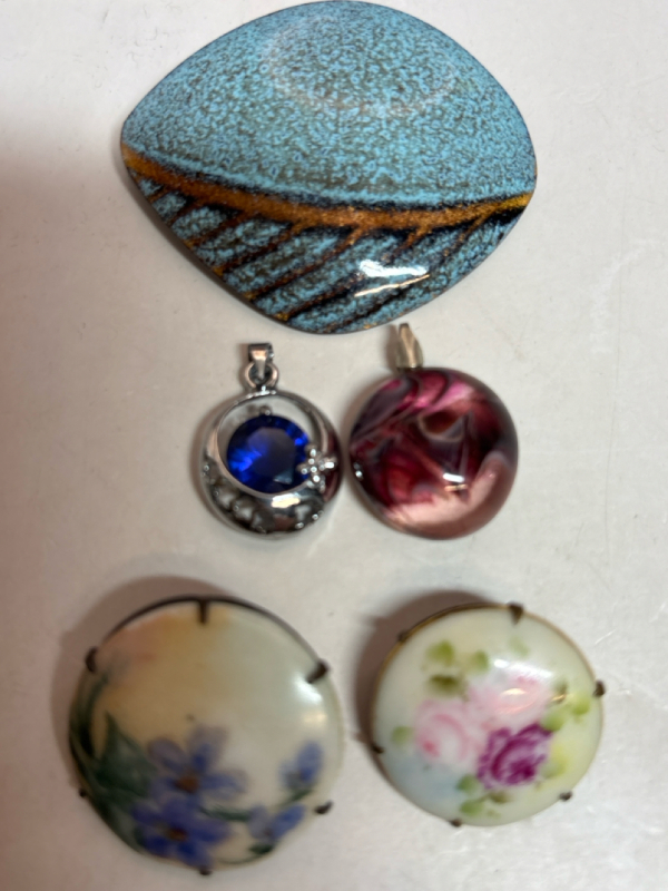 Two Sterling Pendants Signed Enamel Brooch 2 Victorian Hand Painted Porcelain Brooches