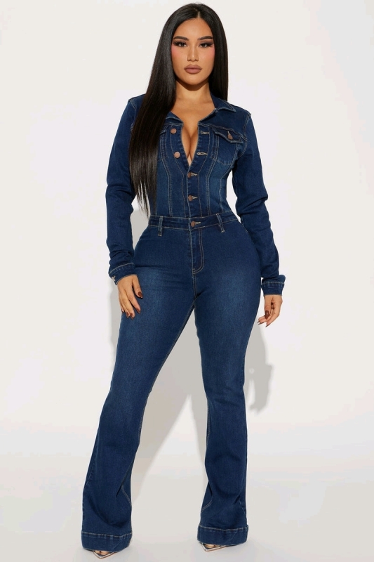 New Womens sz XL Day Dreaming Long Sleeve Denim Jumpsuit - Fashion Nova Retails for $88