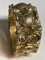 Vintage Whiting & Davis Gold Tone Repousse Wide Hinged Cuff Bracelet Safety Chain
