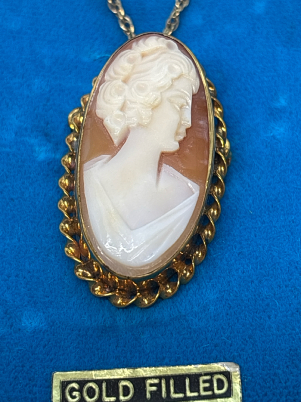 Stunning Gold Filled Carved Cameo Elongated Pendant Chain Blue Display