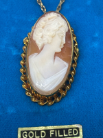Stunning Gold Filled Carved Cameo Elongated Pendant Chain Blue Display