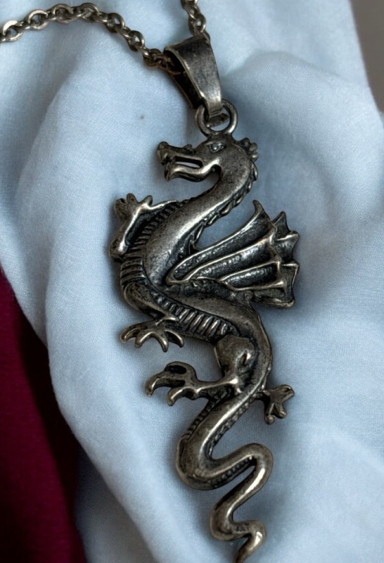 Solid 925 Sterling Silver Dragon Pendant 22 Inch Chain