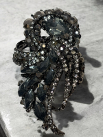 Art Nouveau Style Vintage Flowers Cluster Brooch Large Black Rhinestone Crystal Japanned 3.5 Inch