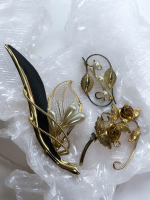 Two Sterling Gold Over Vintage Signed brooches Black & Off White Enamel Chic Brooch