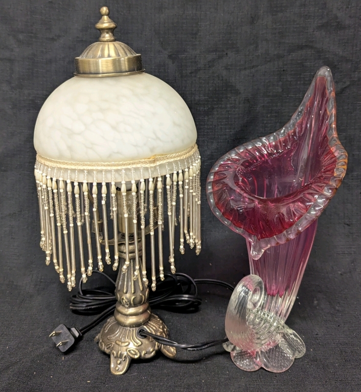 Vintage Cornucopia Shaped Vase and Victorian Style Glass Desk Lamp