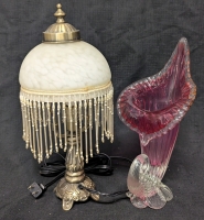 Vintage Cornucopia Shaped Vase and Victorian Style Glass Desk Lamp