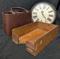 Organization Lot - Battery Powered Sterling and Noble Clock - Wooden Desk Organizer - Tote Bag - Measurements in Description