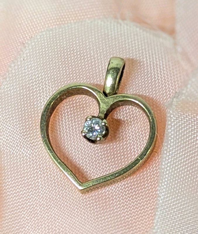 Lovely Stamped 10K Yellow Gold Heart Charm Pendant with Suspended Claw-Set Open Gallery Faceted Clear Stone 0.6" Long including Bale