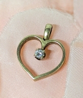 Lovely Stamped 10K Yellow Gold Heart Charm Pendant with Suspended Claw-Set Open Gallery Faceted Clear Stone 0.6" Long including Bale