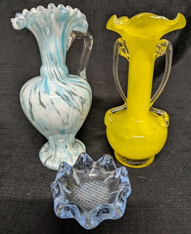 2 Coloured Glass Vases & 1 Coloured Glass Candle Holder. Tallest 6.5" Tall.