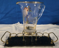 8.5" Tall Decorative Bird Themed Glass Pitcher with Gold Toned Accents & 10" Long 6-Slot Shot Holder W Brass Like Accents
