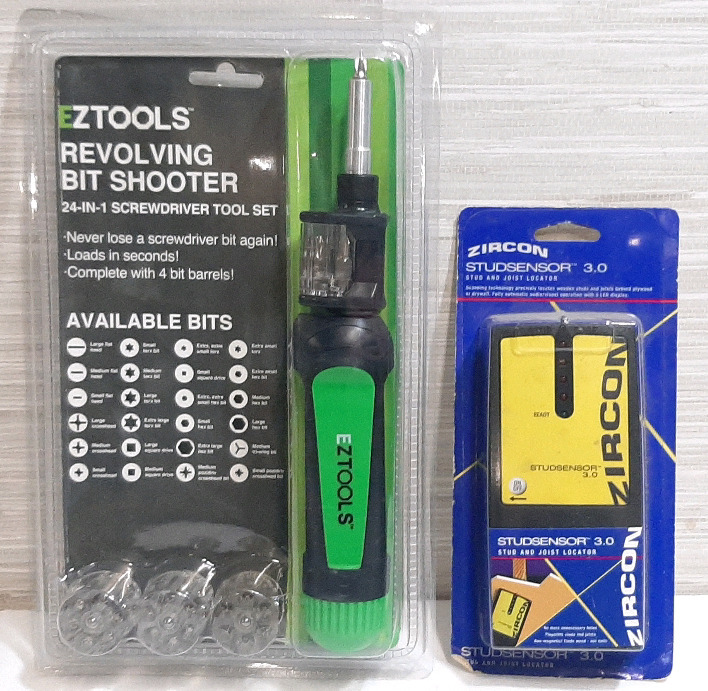 Pair of New Sealed in Package Tools, Including an EZTools Revolving Bit Shooter 24-in-1 Screwdriver Tool Set & Zircon Studsensor 3.0 Stud and Joist Locator