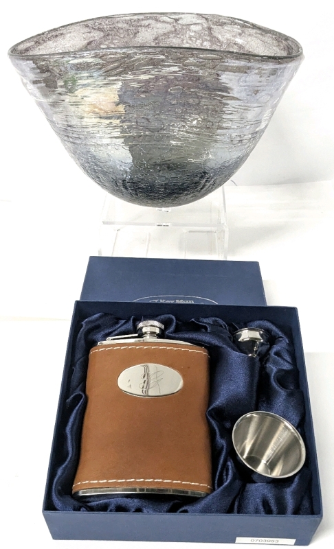 Gorgeous Art Glass Bowl & As-New Flask, Funnel & Shot Glass Set Engraved with Cursive "G" • Bowl 11" x 7.5" x 7.15"