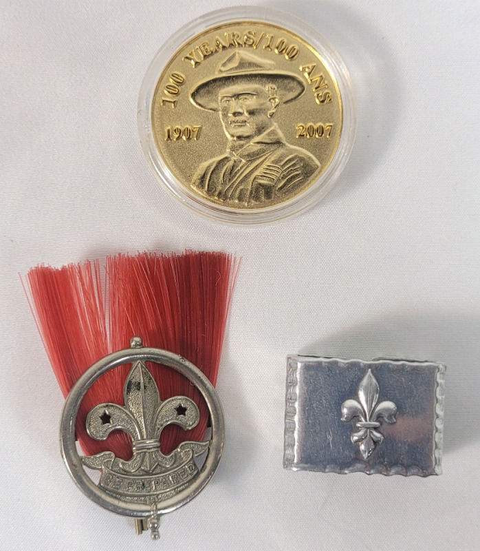 Vintage Scouts Canada Uniform Accessories . Assistant Rover Scoutmaster Hat Badge , 100th Anniversary Scouts Canada Coin & Scouts Scarf Holder