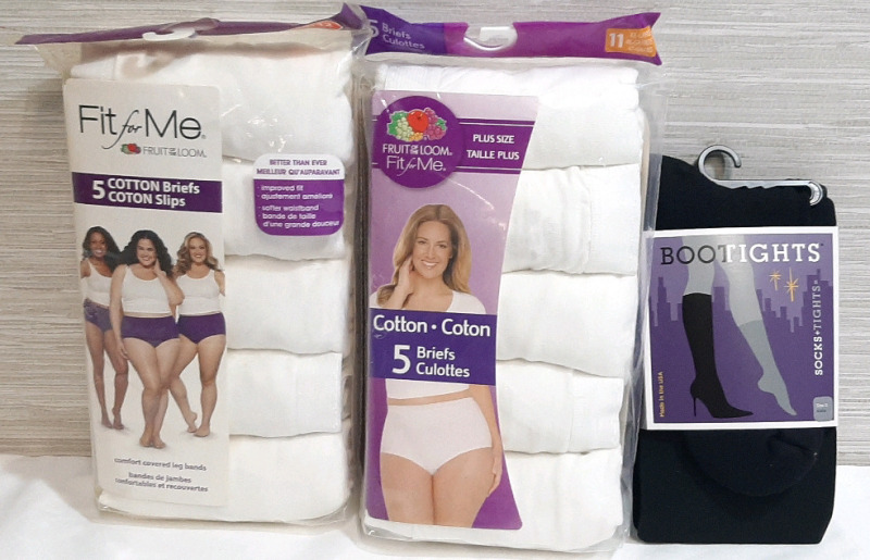 Lot Of Womens Apparel, Including 2 Fruit of the Loom Cotton Briefs 5-packs (One is Size 11 & Size 12) and Size D Ankle Black Boot Tights