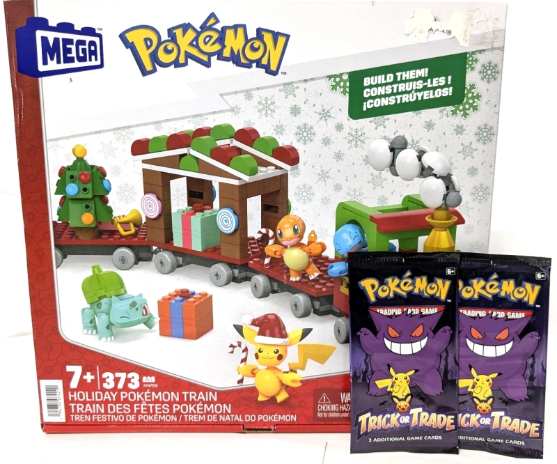New POKEMON | Mega Bloks 373-Piece Holiday Pokemon Train & 2 Trick or Trade TCG Trading Card Packs (3 Cards per Pack)