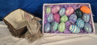 Vintage Glass Easter Wagon Decoration (9" x 5" x 8") & Basket Filled With 17 Easter Egg Candles