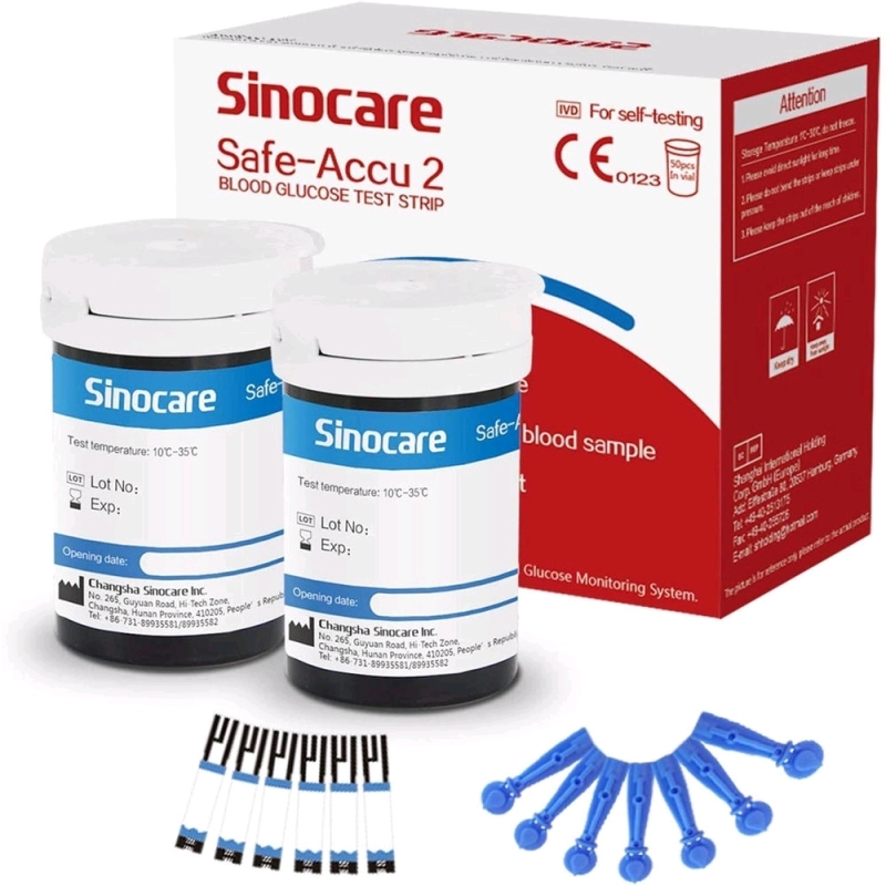 New SINOCARE SAFE ACCU2 Blood Glucose Test Strips 2-Pack & 2 Packs Sinodraw Soft Disposable Blood Lancets | 50 per Pack, 100 Strips & 100 Lacets Total