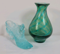 Signed Fenton Blue Shoe & Green Swirel Glass Vase . Shoe has small chip on toe . See photos for measurements