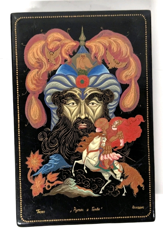 Gorgeous Vintage Russian Lacquered Trinket Box "Ruslan and Golova" &bull; 3.75" x .75" x 1" Tall