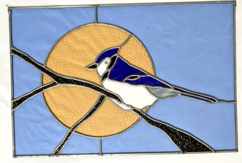 Striking Blue Jay Stained Glass Pane | 18" x 12"