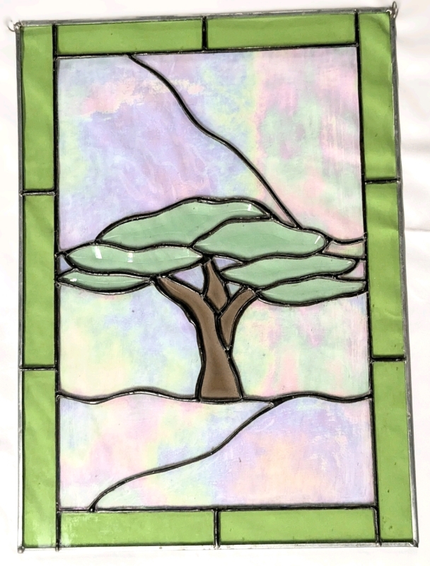 Lovely Large Stained Glass Pane with Tree & Iridescent Background &bull; 18.15" x 13.15"