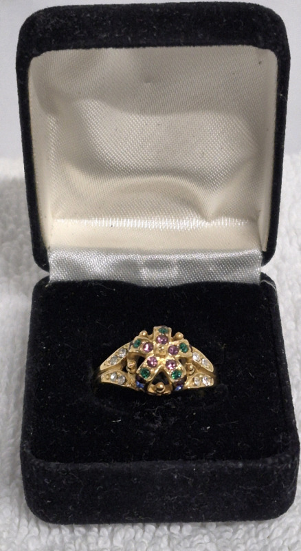 Gold PLATED Colourful & Clear Stones Ring with Case Ring sz 8.75