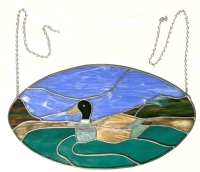 Classic Oval Mallard Duck Stained Glass Pane with Chains &bull; 20" x 11", Chains 23" Long