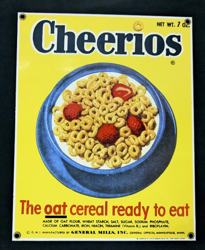 Retro CHEERIOS Cereal 1954 Porcelain Enameled Advertising Sign by Ande Rooney Productions &bull; 8.8" x 11.25"