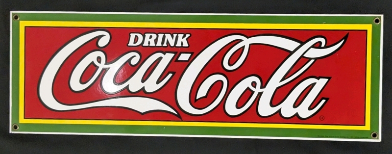 Vintage 1989 Drink COCA-COLA Porcelain Enameled Advertising Sign by Ande Rooney &bull; 18" x 6"