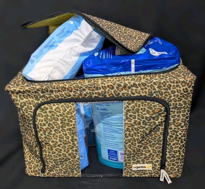 New Size XXL Adult ATTENDS & TENA Disposable Underwear in Not New Cloth Leopard Print Storage Bin