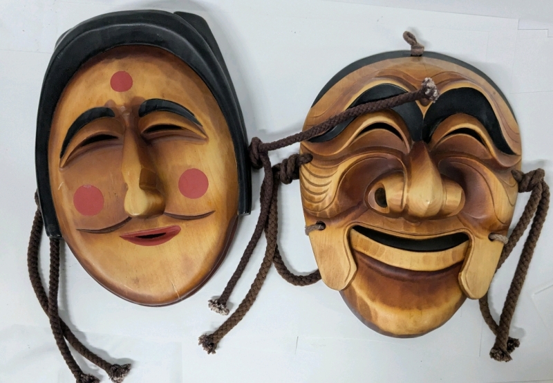 2 Korean Wood Drama Masks | 11.5" Long | Cracks throughout one mask
