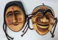 2 Korean Wood Drama Masks | 11.5" Long | Cracks throughout one mask