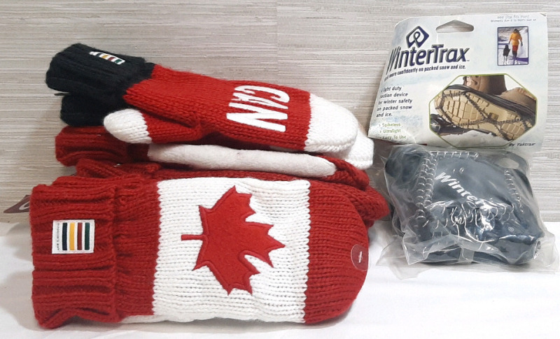 Lot of Canadian Apparel, Including 4 Pairs of Hudson's Bay Olympic Canada Mittens (From Small Sized to Large Sized) & New Wintertrax for Winter Trekking