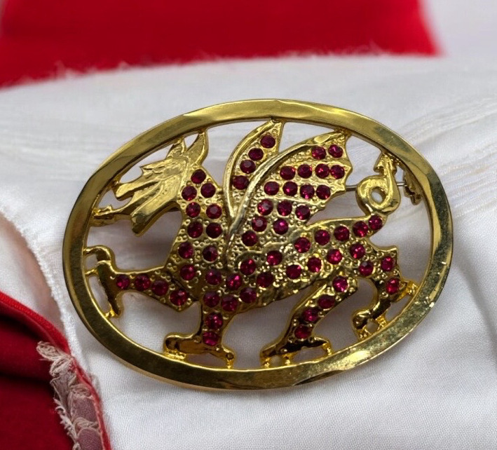 Very Rare Welsh Dragon Brooch Red Rhinestone Open Work Vintage