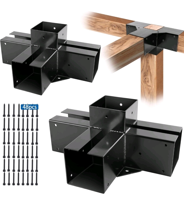 New: 4 Way Post Base Kit For Pergola - 2 Brackets and 48 Screws - Measurements in Photo